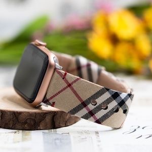 Plaid Checker Apple Watch Band, Leather Band Strap Beige 38/40/41/42/44/45 mm SE